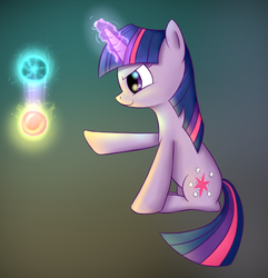 Size: 763x793 | Tagged: safe, twilight sparkle, pony, unicorn, g4, female, glowing horn, horn, magic, mare, raised hoof, sitting, smiling, smirk, solo, unicorn twilight