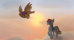 Size: 3146x1696 | Tagged: safe, artist:johnoz, rainbow dash, scootaloo, g4, older, scootaloo can fly