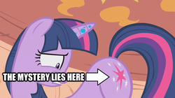 Size: 625x349 | Tagged: safe, edit, edited screencap, screencap, twilight sparkle, bridle gossip, g4, butt, caption, conspiracy, cutie mark, image macro, plot