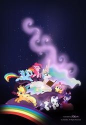 Size: 1702x2480 | Tagged: safe, artist:lithandra89, apple bloom, applejack, pinkie pie, princess celestia, rainbow dash, rarity, scootaloo, twilight sparkle, g4, book, lying down, ponyloaf, prone