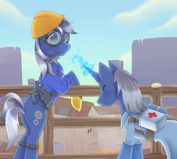 Size: 1200x1078 | Tagged: safe, artist:cruxisma, oc, cat, earth pony, pony, unicorn, butt, crossover, duo, mouth hold, plot, sweat, team fortress 2, wrench