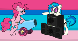 Size: 2171x1143 | Tagged: safe, artist:extremeasaur5000, dj pon-3, pinkie pie, vinyl scratch, g4, bass cannon, bipedal, party cannon