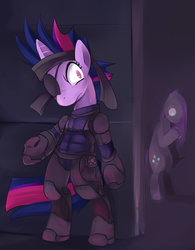 Size: 683x874 | Tagged: safe, artist:ende26, pinkie pie, twilight sparkle, pony, g4, bipedal, crossover, future twilight, konami, metal gear, pinkamena diane pie, solid sparkle