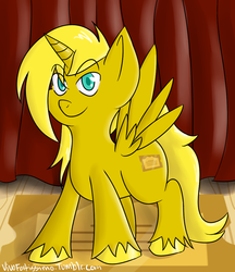 Size: 949x1097 | Tagged: safe, artist:vivofortissimo, oc, oc only, oc:ticket, alicorn, pony, alicorn oc, rule 63, solo, theater