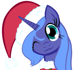 Size: 999x900 | Tagged: safe, artist:themightysqueegee, princess luna, pony, g4, christmas, christmas ponies, female, hat, s1 luna, santa hat, simple background, smiling, solo, transparent background, vector, wink