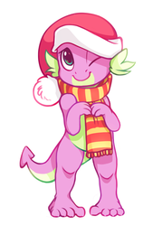 Size: 746x1044 | Tagged: safe, artist:zonkpunch, spike, dragon, g4, baby, baby dragon, christmas, clothes, cute, daaaaaaaaaaaw, hat, male, one eye closed, santa hat, scarf, simple background, smiling, spikabetes, warm, white background, wink