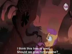 Size: 768x576 | Tagged: safe, scootaloo, g4, season 3, sleepless in ponyville, hub logo, low quality, scary tree, text, tree