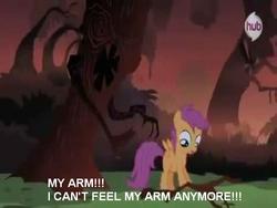 Size: 768x576 | Tagged: safe, scootaloo, g4, season 3, sleepless in ponyville, arm, hub logo, low quality, scary tree, text, tree