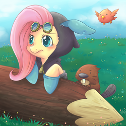 Size: 1200x1200 | Tagged: safe, artist:foxmi, artist:phyllismi, fluttershy, beaver, bird, pegasus, pony, g4, bunny ears, clothes, collaboration, dangerous mission outfit, female, flutterspy, goggles, hoodie, log, mare, solo