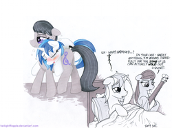 Size: 1211x900 | Tagged: safe, artist:foxxy-arts, dj pon-3, octavia melody, vinyl scratch, g4, carrying, drunk, female, hangover, lesbian, octavia is not amused, ship:scratchtavia, shipping, unamused