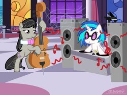 Size: 900x675 | Tagged: safe, artist:dabestpony, dj pon-3, octavia melody, vinyl scratch, g4, cello, drop the bass, duel, music, musical instrument, record, turntable