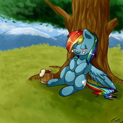 Size: 1000x1000 | Tagged: safe, artist:tomat-in-cup, rainbow dash, pegasus, pony, g4, alcohol, beer, blushing, cider, eyes closed, female, mare, mountain, mug, outdoors, signature, sleeping, solo, tree