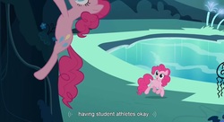 Size: 1587x863 | Tagged: safe, screencap, pinkie pie, g4, too many pinkie pies, cave, cave pool, clone, mirror pool, pinkie clone, youtube caption, youtube link
