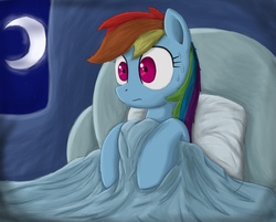 Size: 1960x1574 | Tagged: safe, artist:otakuap, rainbow dash, pony, g4, bed, female, moon, night, solo