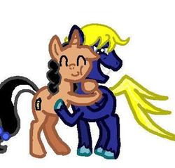 Size: 403x386 | Tagged: safe, oc, oc only, pegasus, pony, unicorn, artzaart, eyes closed, facebook, floppy ears, grin, harmonicchaos, hug, kindness, post, random, smiling