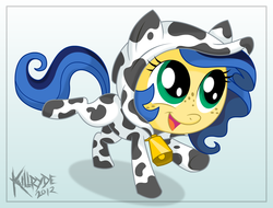 Size: 2100x1600 | Tagged: safe, artist:killryde, oc, oc only, oc:milky way, cow, pony, clothes, costume, cow suit, cowprint, cute, female, filly, footed sleeper, kigurumi, mare, milkybetes, moolky way, ocbetes, pajamas, solo
