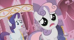 Size: 852x464 | Tagged: safe, screencap, rarity, sweetie belle, pony, g4, my little pony: friendship is magic, season 3, sleepless in ponyville, dilated pupils, duo, female, hub logo, open mouth