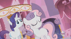 Size: 512x288 | Tagged: safe, screencap, rarity, sweetie belle, g4, season 3, sleepless in ponyville, animated, female, hub logo, pure unfiltered evil