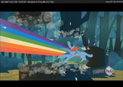 Size: 1024x726 | Tagged: safe, screencap, rainbow dash, pegasus, pony, g4, season 3, sleepless in ponyville, eyes closed, female, hub logo, kick, letterboxing, logo, mare, solo, the hub, tree