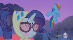 Size: 846x464 | Tagged: safe, screencap, rainbow dash, rarity, g4, sleepless in ponyville, blushing, camping outfit, embarrassed, glasses, hub logo, scrunchy face