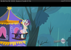 Size: 1024x724 | Tagged: safe, screencap, rarity, pony, unicorn, g4, season 3, sleepless in ponyville, camping outfit, female, glasses, hub logo, mare, open mouth, open smile, smiling, solo, the hub