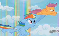 Size: 680x414 | Tagged: safe, screencap, rainbow dash, scootaloo, g4, sleepless in ponyville, cute, faux flying