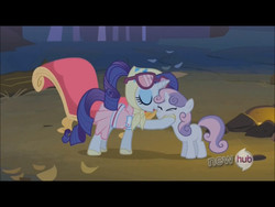 Size: 1024x768 | Tagged: safe, screencap, rarity, sweetie belle, pony, unicorn, g4, sleepless in ponyville, camping outfit, female, filly, glasses, mare