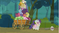 Size: 576x324 | Tagged: safe, screencap, applejack, rarity, sweetie belle, earth pony, pony, unicorn, g4, season 3, sleepless in ponyville, animated, bag, camping outfit, clothes, dress, female, filly, gif, glasses, hub logo, luggage, mare, rarity being rarity, saddle bag, siblings, sisters, sunglasses, trio, wagon