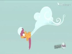 Size: 384x288 | Tagged: safe, screencap, scootaloo, g4, sleepless in ponyville, cloud, hub logo, livestream