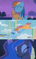 Size: 844x1385 | Tagged: safe, screencap, princess luna, rainbow dash, scootaloo, g4, sleepless in ponyville, hub logo, scootalove, sweet dreams fuel, wink