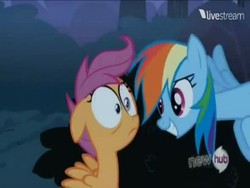 Size: 384x288 | Tagged: safe, screencap, rainbow dash, scootaloo, g4, sleepless in ponyville, hub logo, livestream, out of context