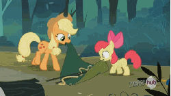 Size: 576x324 | Tagged: safe, screencap, apple bloom, applejack, scootaloo, earth pony, pegasus, pony, g4, sleepless in ponyville, animated, female, filly, hub logo, mare, sitting, tent
