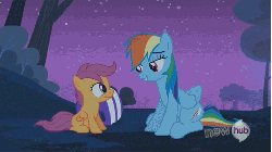 Size: 480x270 | Tagged: safe, screencap, rainbow dash, scootaloo, pegasus, pony, g4, sleepless in ponyville, animated, bush, duo, duo female, female, filly, mare, scootalove, starry night, tree, winghug