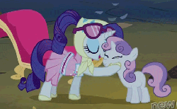 Size: 465x287 | Tagged: safe, screencap, rarity, sweetie belle, pony, unicorn, g4, season 3, sleepless in ponyville, animated, blank flank, camping outfit, clothes, cute, diasweetes, eyes closed, female, filly, foal, gif, glasses, hub logo, mare, open mouth, squishy cheeks, talking