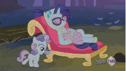 Size: 576x324 | Tagged: safe, screencap, rarity, sweetie belle, pony, unicorn, g4, sleepless in ponyville, animated, camping outfit, cup, duo, fainting couch, female, filly, gif, glasses, hub logo, levitation, magic, mare, mouth hold, teacup, telekinesis