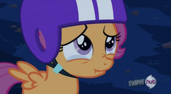 Size: 633x347 | Tagged: safe, screencap, scootaloo, g4, sleepless in ponyville, crying, hub logo, sad, scrunchy face