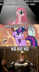 Size: 640x1171 | Tagged: safe, pinkie pie, twilight sparkle, g4, image macro, odin, pinkamena diane pie, santa claus