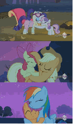 Size: 576x972 | Tagged: safe, screencap, apple bloom, applejack, rainbow dash, rarity, scootaloo, sweetie belle, earth pony, pegasus, pony, unicorn, g4, season 3, sleepless in ponyville, all new, animated, applelove, camping outfit, cute, cutie mark crusaders, female, filly, foal, gif, glasses, hub logo, hug, logo, mare, scootalove, sisters, sweetielove, text, the hub, wholesome, winghug