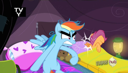 Size: 1074x614 | Tagged: safe, edit, edited screencap, screencap, rainbow dash, scootaloo, g4, sleepless in ponyville, abuse, eyebrows, rainbow douche, scootabuse, thick eyebrows
