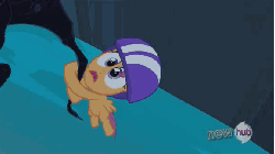 Size: 576x324 | Tagged: safe, screencap, scootaloo, g4, sleepless in ponyville, animated, falling, female, helmet, hub logo, open mouth, sad, scooter, solo