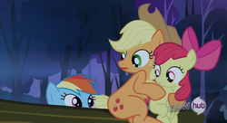 Size: 834x454 | Tagged: safe, screencap, apple bloom, applejack, rainbow dash, earth pony, pegasus, pony, g4, sleepless in ponyville, female, filly, hub logo, hug, mare, out of context, stare