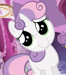 Size: 882x1006 | Tagged: safe, edit, edited screencap, screencap, sweetie belle, g4, sleepless in ponyville, c:, inverted mouth, pure unfiltered evil, sweetie frown