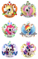 Size: 1322x2074 | Tagged: safe, artist:purmu, applejack, fluttershy, pinkie pie, rainbow dash, rarity, twilight sparkle, g4, elements of harmony, skeleton