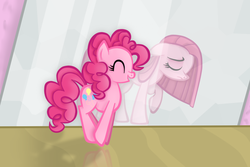 Size: 750x500 | Tagged: safe, artist:urdeh, pinkie pie, g4, duality, mirror, pinkamena diane pie, pronking, reflection