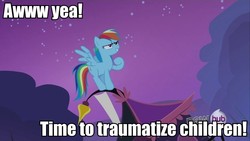 Size: 960x540 | Tagged: safe, edit, edited screencap, screencap, rainbow dash, pony, g4, sleepless in ponyville, female, hub logo, image macro, scare, solo