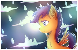 Size: 1970x1250 | Tagged: safe, artist:shiita64, scootaloo, pegasus, pony, g4, bust, cloud, female, filly, foal, rain, solo