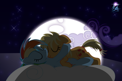 Size: 8000x5307 | Tagged: safe, artist:nightmaremoons, applejack, rainbow dash, g4, absurd resolution, alternate hairstyle, cloud, cloudy, cuddling, female, lesbian, night, ship:appledash, shipping, sleeping