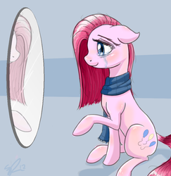 Size: 848x871 | Tagged: safe, artist:sirpayne, pinkie pie, g4, clothes, crying, mirror, pinkamena diane pie, scarf, smiling