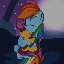 Size: 512x512 | Tagged: safe, artist:the-silver-stars, rainbow dash, scootaloo, pegasus, pony, g4, sleepless in ponyville, bush, crying, duo, duo female, female, grass, hug, moon, scootalove, starry night, tree