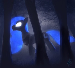 Size: 700x636 | Tagged: safe, artist:grissaecrim, princess luna, pony, g4, sleepless in ponyville, dream walker luna, female, forest, glowing, glowing eyes, glowing mane, solo